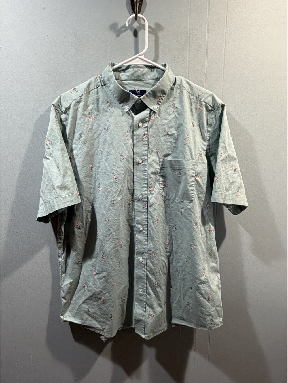 Mens George Classic Fit Buttons Shirt Size Large 42-44 Light Blue Pink Flamingo